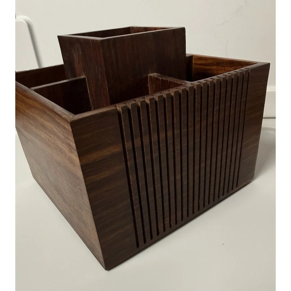 Crate And Barrel Summer Mid-Century Modern Style Shesham Cutlery Caddy Patio